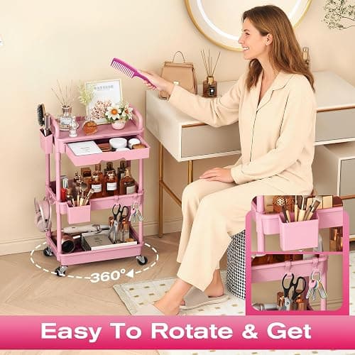 Goovilla Rolling Makeup Organizer Cart with Removable Drawer, 3 Tier Pink | Stable Floor Skincare Storage Cart for Vanity, Cosmetic Display, Nail Polish, Perfume, Hair Stuff, Beauty, Bathroom(Plastic) thumbnail 5