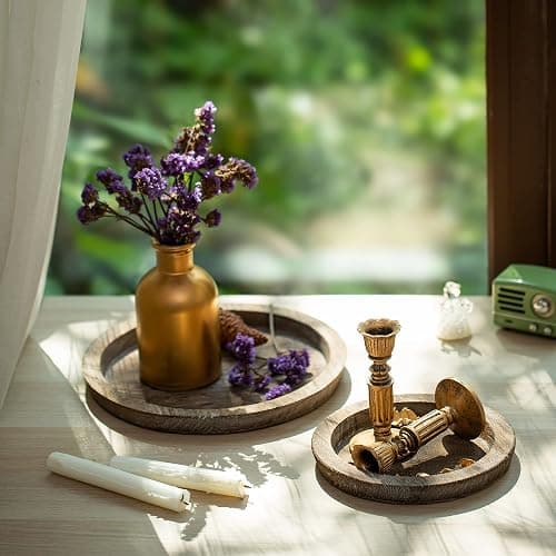 Hanobe Candle Plate Holder Tray: Round Wood Decorative Candle Plate - Rustic Farmhouse CoffeeTable Decor - Tealight Pillar Trays for Home Decor (Distressed) thumbnail 6