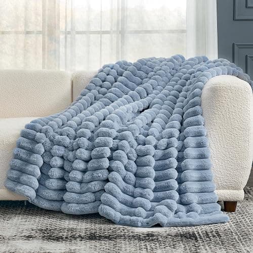 Cozy Bliss Faux Fur Throw Blanket for Couch, Cozy Warm Plush Striped Blanket for Sofa Bedroom Living Room, 50 * 60 Inches Light Blue thumbnail 8