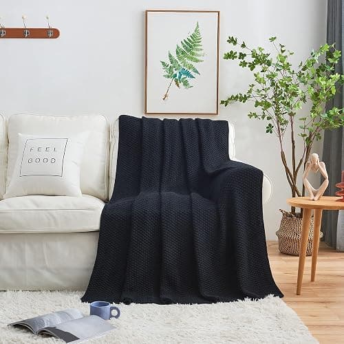 Longhui bedding Dark Navy Blue Knitted Throw Blanket for Couch, Soft, Cozy Machine Washable 100% Cotton Sofa Knit Blankets, Heavy 4.0lb Weight, 60 x 80 Inches, Dark Navy Blue Color. thumbnail 2