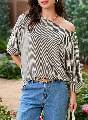 EVALESS Sexy Off The Shoulder Tops for Women 3/4 Length Sleeve Womens Tops Spring Fall 2026 Boat Neck One Shoulder Shirts thumbnail 5