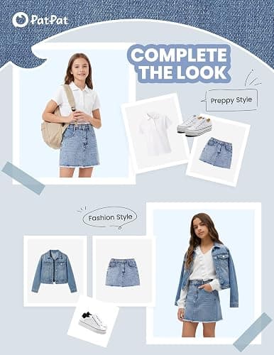 PATPAT Denim Skirt for Girls 5-14 Years, A-Line Mid Waist Mini Jean Skirt with Elastic Waistband & Frayed Hem thumbnail 6