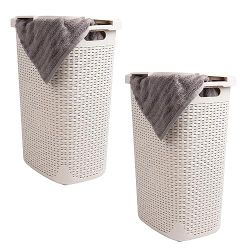 Mind Reader Slim Laundry Hamper with Lid, 60L Tall Clothes Basket, Narrow Tapered Design for Bathrooms, Closets and Laundry Rooms, Plastic, 2 Pack, Ivory - Image 1