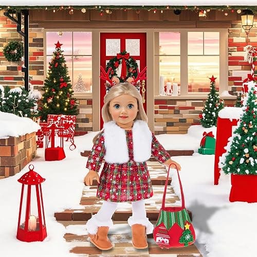 ebuddy 18 inch Doll Clothes and Accessories- Christmas Costume Playset Including Dress,Fur Vest, Tights, Boots, Hair Clips,Bell and Sticker (No Doll) thumbnail 7