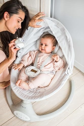 MoMi KENANI Transat balancelle jusqu’à 9 kg, pliable, télécommande et Bluetooth pour smartphone, alimentation piles et secteur, harnais de sécurité 5 points, pare-soleil, moustiquaire thumbnail 21