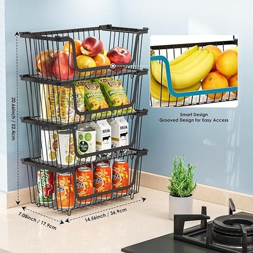 4 Pcs Stackable Wire Baskets Pantry Organizers and Storage Bins,Black | Breathable Metal Design with Rotating Handle,Idea for Potato Onion Fruit Snack Veggie Kitchen Countertop Freezer Organization thumbnail 5