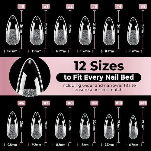 Luckyfairy Medium Almond Nail Tips, 240pcs Soft Gel Pre-Filed Acrylic Almond Fake Nails, Half Matte Full Cover Clear Press on Flase Nail Tips for Nail Extension Home DIY 12 Sizes Gelly Tips thumbnail 9