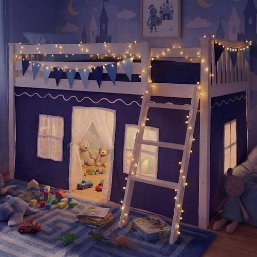 Breling 3 Panel Bunk Bed Curtains for Bottom Loft Bed Tent Set with Felt Flag Double-Layer Twin Bunk Curtains Playhouse Accessories for Boy Girl Bedroom(Blue and White,Classic) thumbnail 5