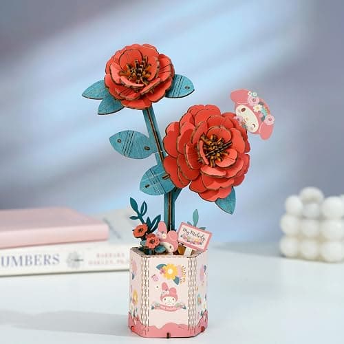 Hands Craft Hello Kitty and Friends My Melody Red Camellia 3D Wooden Puzzle Kit | DIY Flower Model | Arts & Crafts for Adults & Kids | Creative Hobby Kits | Wood Building Set | Unique Gift thumbnail 2