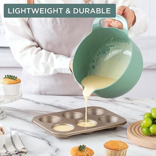 COOK WITH COLOR Nesting Plastic Mixing Bowl Set with Pour Spouts and Handles, Sage, 4 Piece Non-Slip thumbnail 2
