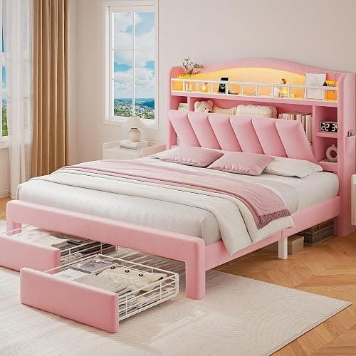 Full LED Bed Frame with Storage Headboard & 2 Storage Drawers, Princess Velvet Upholstered Bed with Vertical Tufted Headboard Design for Girls, USB & Type-C Charging Ports, Wooden Slats Support, Pink - Image 1