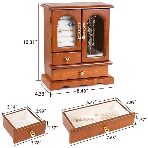 Kendal Wooden Jewelry Box for Women, Graduation Gift Solid Jewelry Holder Organizer, Mothers Day Gifts Wood Jewelry Case with Mirror for Necklaces, Earring, Rings (2 Side Door, Oak) thumbnail 3