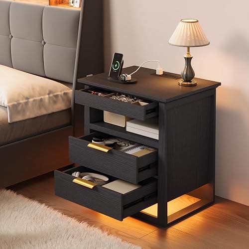 Rresyet Nightstand with Sensor LED Light and Charging Station, 24" Tall End Table with 3 Drawers, Modern Night Stand with Storage, Wooden Bedside Table for Bedroom. (Black) thumbnail 6