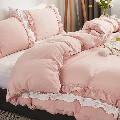 GETIYA Rosa Rüschen Bettwäsche 200x220 Weich Mikrofaser Bettwäsche Teenager Mädchen Damen Bettbezug Rüschen Dekoration Romantisch Rosa Bettwaesche Doppelbett mit 2 Kissenbezug 80x80 thumbnail 6