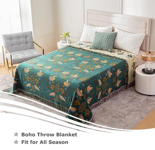 Boho Throw Blanket for Bed 100% Cotton Ultra Soft Rustic Quilt Queen Blanket Bird Floral Printed Farmhouse Decor Large Fall Bed Blankets,90"×98" All Season Rustic Throw for Sofa Couch Chair thumbnail 4