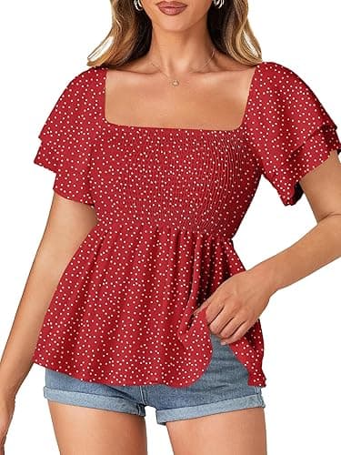 LYANER Women’s Square Neck Smocked Peplum Top Ruffle Short Sleeve Babydoll Shirred Blouse