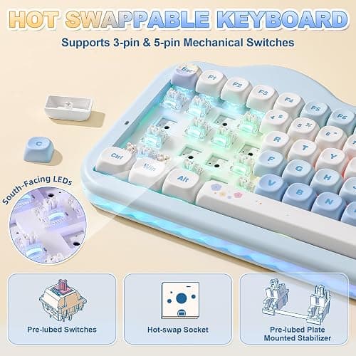 YUNZII C75 75% RGB Kabelloses Mechanisch Gaming Tastatur, BT5.0/2.4G/USB-C Creamy Tastatur Hot Swap NKRO,Niedliche Tastenkappen Gasket Mount mit Süße Kuchen für PC/Mac/Gaming (Blau, Milk V2 Switch) thumbnail 5