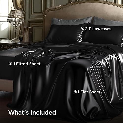 Bedsure Black Satin Sheets Queen Size - 4 Piece Silky Bedsheets with 15 Inches Deep Pocket Fitted Bedsheet,1 Flat Sheet, 2 Satin Pillowcases, Good for Hair & Skin (Queen, Black) thumbnail 6