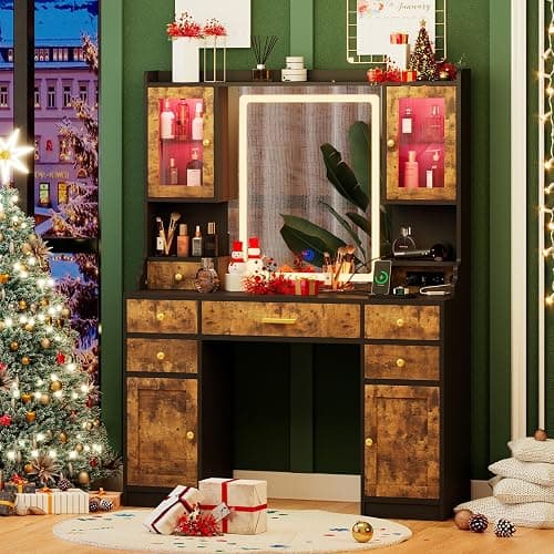 CSZZD Makeup Vanity Desk with Mirror and Lights in 3 Colors, Dressing Vanity Table with Charging Station, Large Vanity Mirror with 6 Storage Drawers & 2 RGB Cabinets for Girls, Women, Rustic Brown thumbnail 7