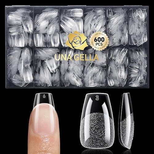 UNA GELLA Short Coffin Nail Tips 600Pcs, Short Coffin Gel Nails Tips Pre Etched 12 Sizes Soft Gel Fake Nails Tips Pre-file Full Cover for Nail Extension Home DIY Salon with Box - Image 1