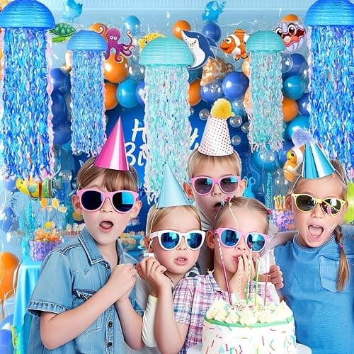 OBXT 10" Blue Hanging Jellyfish Paper Lanterns - Under The Sea Party & Mermaid Birthday Decorations, Baby Shower, Nautical Events, Ocean Theme Classroom & Beach Room Decor (Set of 6) - Gradient Blue B thumbnail 2