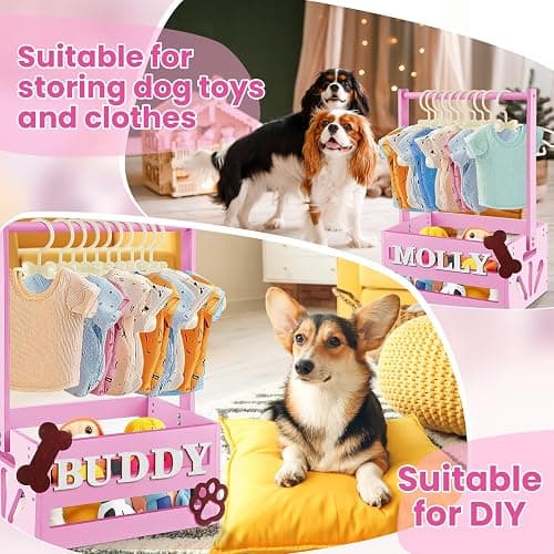 Teenyyou 20" x 13" x 9" Wooden Dog Closet Pet Wardrobe Crate Box with Hanging Rods and Personalized Alphabet Letters Easy Assembly Baskets for Dog Cat Toys Clothes Accessories(Pink) thumbnail 5