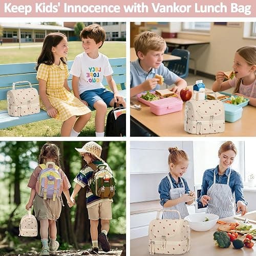 Vankor Corduroy Lunch Box Kids Insulated Lunch Bag Double Decker, Cute Leak-Proof Lunch Box for Boys Girls, Portable Cooler Lunch Bag Thermal Lunch Tote for School Picnic Travel, Beige Strawberry thumbnail 7