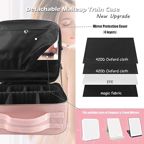 MOMIRA Travel Makeup Bag Cosmetic Bag with Lighted Mirror, Adjustable Brightness in 3 Color Scenarios, Waterproof, 10x Magnifying Mirror, Rotatable Independent Light Mirror- Pink(Solid) thumbnail 2