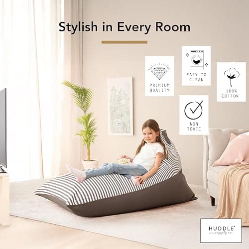 Huddle Designer Stuffed Animal Bean Bag Storage Chair Cover XL Grey Stripes | Washable 100% cotton canvas cover holds 100+ stuffies & more to cleanup quick and make a comfy bean bag chair for your kiddo thumbnail 6