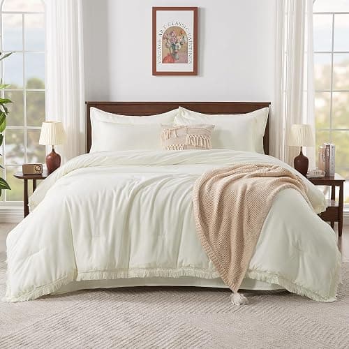 Andency Ivory King Size Comforter Set with Sheets - 7 Pieces Boho Tassel Bed in a Bag Soft Lightweight Bedding Sets, Ivory Fringe Bed Set with Comforter, Sheets, Pillowcases & Shams thumbnail 6