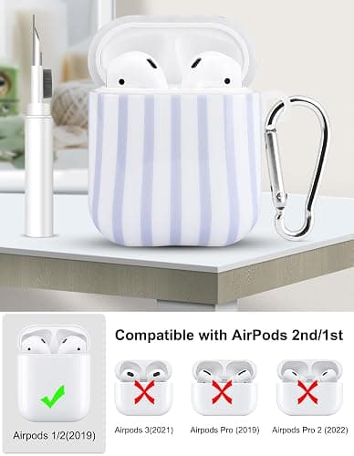 Aitipy Compatible with Airpods 2nd 1st Generation Case, Cute Blue Stripe Aesthetic Design with Carabiner, Soft TPU Skin Anti-Scratch Shockproof Protective Cover for Women Girls thumbnail 2