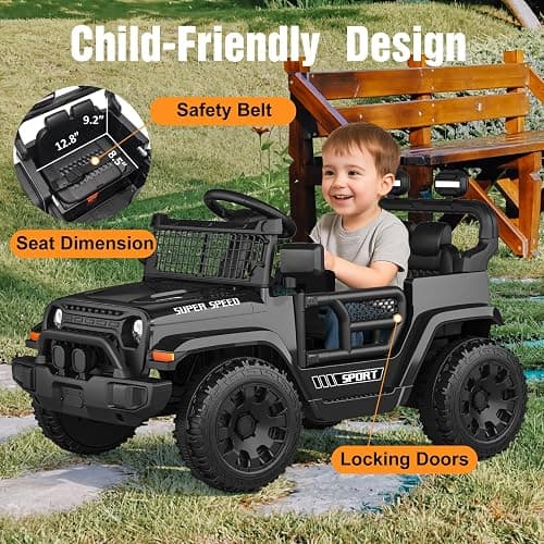 TRINEAR 12V Ride on Car with Parent Remote Control, Toddler Electric Car with Spring Suspension, LED Lights & Music Player - Safe Battery Toy for Kids, Christmas & Birthday Gift, Black thumbnail 6