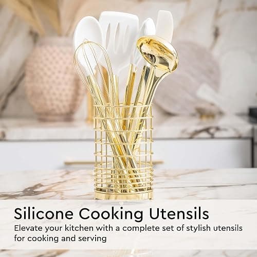White and Gold Kitchen Utensils Set - 23-Piece Gold Kitchen Accessories Include Measuring Cups and Spoons Set, Silicone Utensils, and Utensil Holder for Baking, Cooking, and Stylish Kitchen Decor thumbnail 4