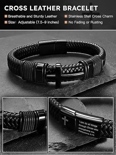 Black Cross Cuff Bracelet for Men,Stainless Steel Braided Leather Bible Verse Bracelet with Joshua 1:9 Inspirational Faith Gift for Dad,Brother,Son,family,Religious Baptism and Confirmation Gifts thumbnail 3