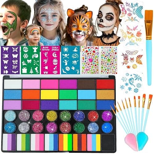 Face Painting Kit for Kids, 42 Colors Professional Face Paint Makeup Kit Non-Toxic Water Activated Facepaint Palette with Brush, Stencil, Sponge, Gem, for Party Halloween Christmas (42 Colors) - Image 1