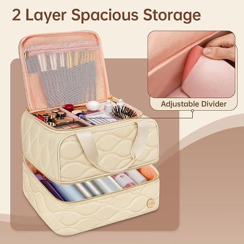 YOREPEK Large Makeup Bag Organizer, 2-Layer Travel Cosmetic Bags with Compartments for Women, Portable Makeup Cases for Skincare Bottles, Brushes, Lipstick – Cosmetiquera para Maquillaje, Beige thumbnail 3