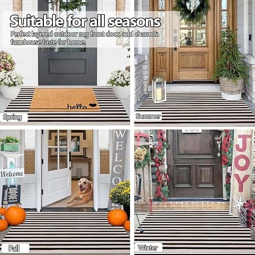 Rustaa Indoor Outdoor Rug 3x5 Front Door Mat Outdoor Cotton Welcome Mat Outdoor Farmhouse Layered Mat Washable Stripe Outdoor Mats for Entrance Front Door Porch Balcony(Black/Tan) thumbnail 7