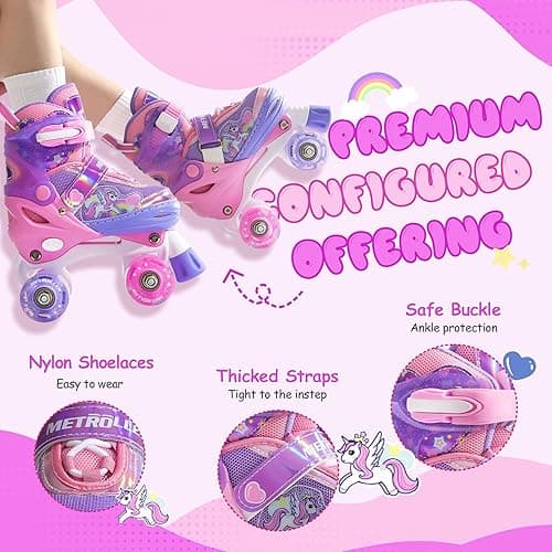 METROLLER Kids Roller Skates Girls Ages 4-6 5-8 8-12 Adjustable Toddler Roller Skates Shining Wheels Little Unicorn Sports Outdoors - Purple - Small-Little kid (10c-13c US) thumbnail 5