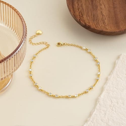 BYBAIZ 14K Gold Anklets for Women Gold Ankle Bracelets for Womens Anklets Ankle Bracelets for Women Evenly Spaced Cubic Zirconia with Delicate Brilliance Anklet Bracelet for Womens thumbnail 5