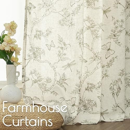 Lazzzy Linen Farmhouse Curtains Green Floral Curtains 63 Inch Length Drapes for Living Room Bedroom Pattern Light Filtering Country Vintage Curtain Grommet Top, 2 Panels, Green on Beige thumbnail 3