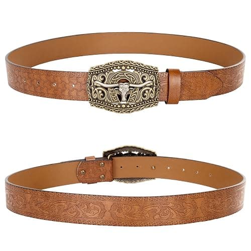 HinyBoeh Western-PU-Leather-Belts for Men and Women Cowboy-Cowgirl Longhorn-Bull-Pattern-Engraved-Buckle-Belt for Unisex thumbnail 4