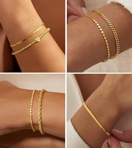 doubgood Gold Bracelets for Women, 14K Gold Plated Stackable Initial Beaded Bracelet with Letter Pendant Waterproof Stretch Trendy Stack Jewelry Set Gifts for Women thumbnail 4