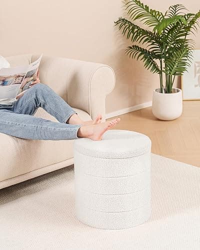 B FSOBEIIALEO Ottoman with Stroage, Round Sherpa Storage Ottoman Stool, Boucle Foot Rest 14.6"x14.6"x17.7"（White thumbnail 2