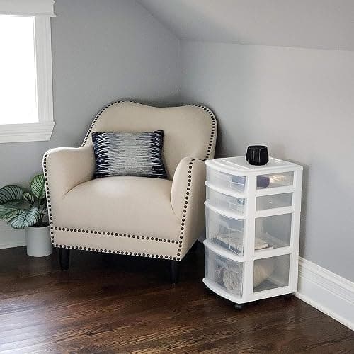 HOMZ Drawer Tower, 4-Tier Clear Plastic Storage Organizer Cart, White Frame – Rolling Containers with Wheels for Bathroom, Bedroom, Office, and Classroom Organization thumbnail 9