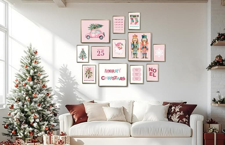 TwoDays Pink Christmas Wall Art, Pastel Holiday Xmas Aesthetic Poster for Room Decor, Vintage Santa Pine Tree Merry Gallery Artwork Prints. (Multi Sizes, 8" X 10" Largest, Set of 12, UNFRAMED) thumbnail 5