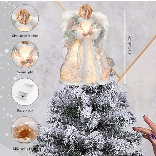 Bigking Angel Christmas Tree Topper, 12 Inches Tall, White Feather Wings and Led Lights. Christmas Tree Angel Ornament, for Home, Holiday Parties, Weddings, Christmas Celebrations. thumbnail 3