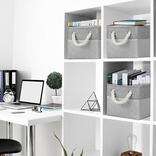 Small Storage Boxes for Shelves, Foldable Small Toy Storage Box with Handles, Canvas Storage Baskets for Socks Towels DVDs Books Makeup and Bathroom Toiletries(31x21x16cm/1 Pack, Grey&Light Grey) thumbnail 6