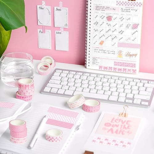 BkeeCten 12pcs Pink Bow Washi Tape, Trendy Watercolor Pink Bow Cherry Preppy Aesthetic Decorative Tape, Cute Bowknot Heart Buffalo Plaid Artistic Tape for DIY Craft Scrapbook Wrapping Decor thumbnail 7