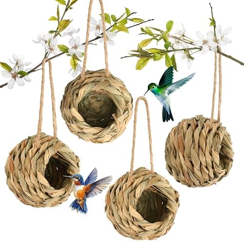 NOVWANG 4-Pack Hummingbird House Outdoor, Natural Reed Bird Nest with Hemp Rope Handwoven Finch Bird House Hanging Bird Hut for Garden Window Patio Lawn Office Home - Image 1
