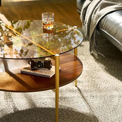 Saint Mossi Glass Round Coffee Table for Living Room, Middle-Century Modern Style, Coffee Brown Glass Top & Walnut Brown MDF Wood Top, with Gold Finish Legs & Frame thumbnail 4